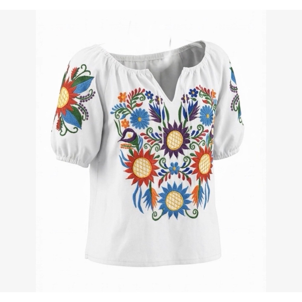 Boho Mexican Embroidered Peasant Top Off Shoulder Floral Cotton Blouse M